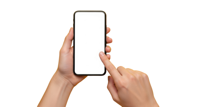 Person holding modern smartphone with blank white screen for custom content display and mobile interface