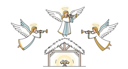 Three angelic figures with trumpets hover above a manger scene representing the nativity of jesus christ