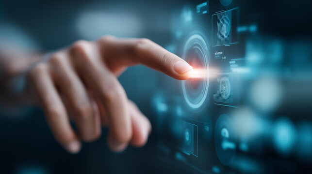 Futuristic military command interface with defocused digital icons, faceless tactical display, weapon visualization detail, blurred tech background, missile concept, drone interfac