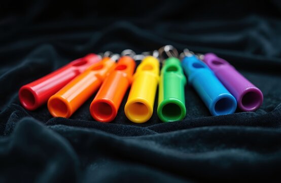 Brightly colored kazoos arrange on black velvet surface. Musical instruments in rainbow shades display fun creative concept. Vibrant kazoo collection on dark textile background.