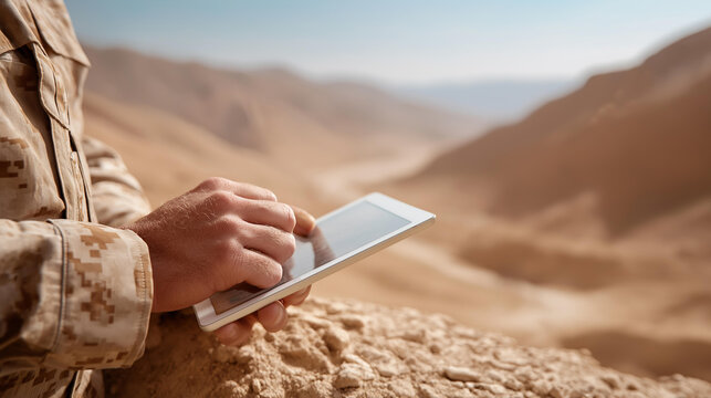 Military personnel controlling drone with tablet defocused desert, faceless rugged operation, tactical visualization detail, blurred landscape background, control concept, military