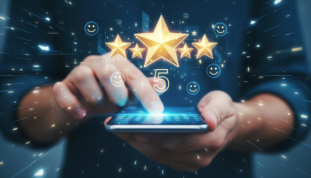 Customer giving 5-star rating on smartphone with glowing holographic stars and smile icons, digital feedback concept