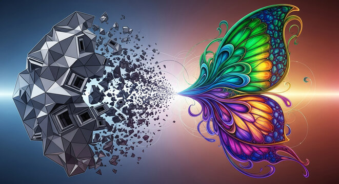 Abstract geometric structure disintegrating into small pieces, transforming into a colorful wing, representing change, evolution, and metamorphosis