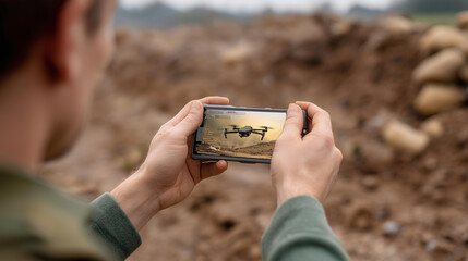Soldier hands launching UAV with bomb defocused fortifications, faceless military operation, drone visualization detail, blurred battlefield background, modern warfare concept, arm