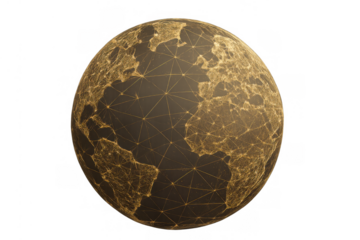 Digital earth globe with a golden glowing plexus network, illustrating global connections, data transfer, and communication technology