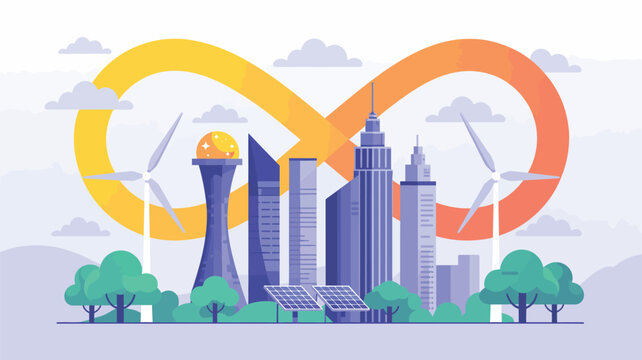 Sustainable cityscape illustration with wind turbines, solar panels, green trees, and infinity symbol representing renewable energy and growth