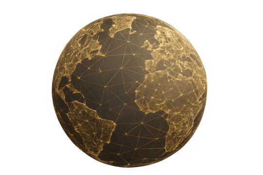 Digital earth globe with a golden glowing plexus network, illustrating global connections, data transfer, and communication technology