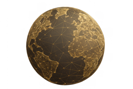 Digital earth globe with a golden glowing plexus network, illustrating global connections, data transfer, and communication technology