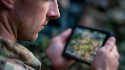 Obraz premium Soldier operating drone in combat defocused zone, faceless battlefield operation, tactical visualization detail, blurred conflict background, military technology concept, combat in