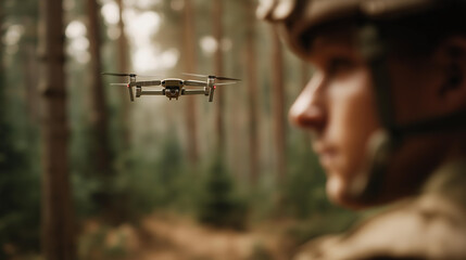 Soldier operating military drone in defocused forest mission, faceless tactical operation, control visualization detail, blurred woodland background, combat concept, technology int