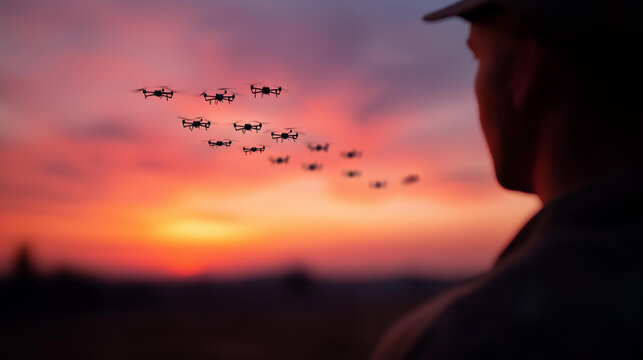 Soldier commanding drone swarm at defocused sunset, faceless futuristic warfare, silhouette visualization detail, blurred autonomous background, tactical concept, command interface