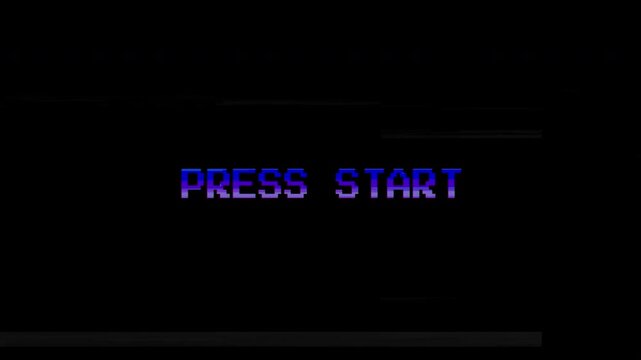 4k stock | Press start text animation bad signal. Black background. Glitch effect.