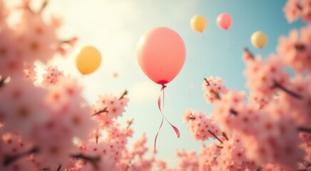 Many balloons flying in the sky above a tree