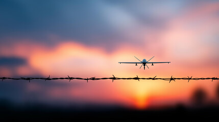 Obraz premium Military UAV silhouette on mission defocused barbed wire, faceless reconnaissance flight, surveillance visualization detail, blurred sunset background, border concept, conflict int