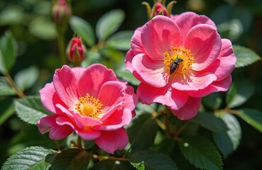 Two pink rugosa roses bloom bright with a bee collecting nectar. Green leaves and buds surround the flowers in garden setting. Natural beauty, wild flora.