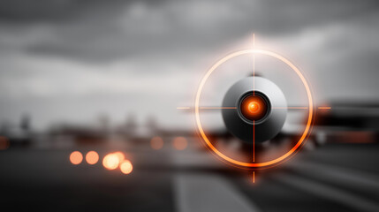 Modern AI-powered war drone with defocused target overlay, faceless precision technology, targeting visualization detail, blurred combat background, military concept, AI interface,