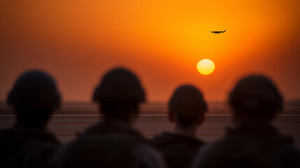 Obraz premium Soldiers with drone at sunset defocused desert setting, faceless military team, tactical visualization detail, blurred evening background, operation concept, combat interface, miss