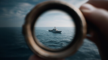 Aerial shot of navy ship in defocused open sea, faceless amphibious warship, naval visualization detail, blurred ocean background, military operations concept, assault interface, t