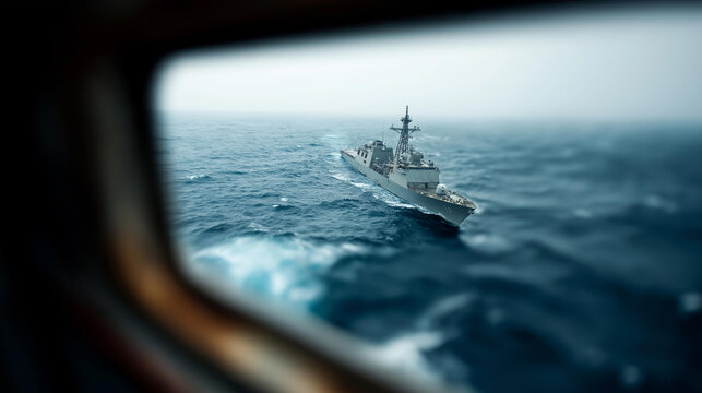 Aerial shot of navy ship in defocused open sea, faceless amphibious warship, naval visualization detail, blurred ocean background, military operations concept, assault interface, t