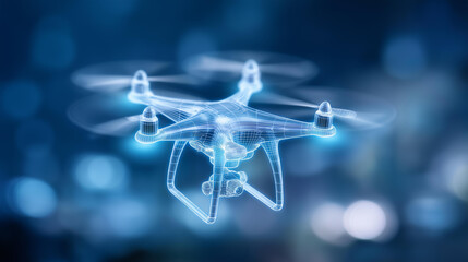 Military drone wireframe glowing blue with defocused background, faceless technical design, digital visualization detail, blurred tech setting, engineering concept, blueprint inter