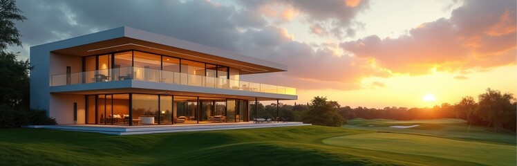 Obraz premium Modern luxury house with large windows sits on green golf course during golden hour sunset. Elegant residence offers panoramic view of fairway trees and orange sky. Peaceful evening scene.