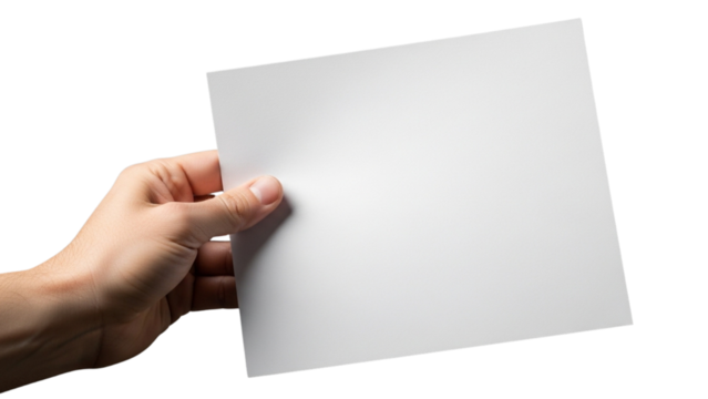 Hand holding blank A4 paper on white background