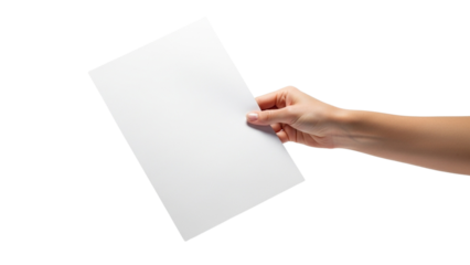 Hand showing tilted blank paper on white background