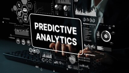 Business Professional Engaging with Predictive Analytics Technology and Data Visualization on Digital Screen. Asymptotic smart data analytic.