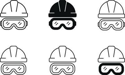 Set Of Hard Hat And Safety Goggles Icons In Black And White helmet protective eyewear