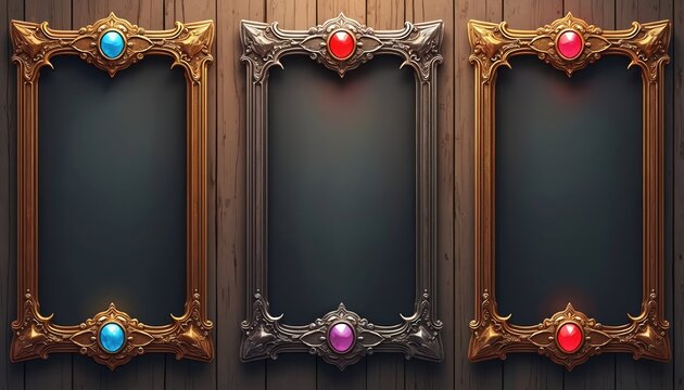 Three ornate medieval frames with blank dark screens set against wood. Gold and silver borders feature colorful gems, perfect for game UI or royal displays. Use for fantasy app elements.