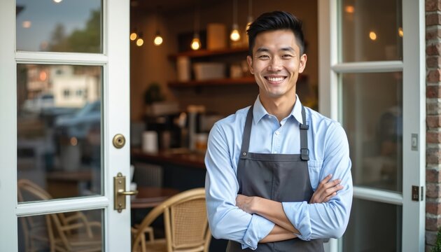 Smiling Asian man cafe owner stands at shop entrance. He wears apron light blue shirt. Portrait shows business owner ready serve customers. Cafe interior blurry background.