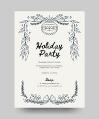 Christmas party invitation with branches, ribbon bow, bell, winter floral element. Minimalist vintage line art frame perfect for poster, invitation, cards, greetings or cover.