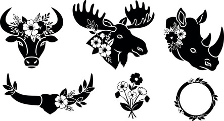 Fototapeta premium Animal silhouettes with floral decorations vector set including buffalo moose rhino and floral wreath elements