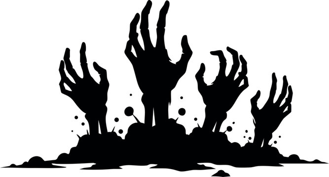 Horror spooky zombie hands rising from ground silhouette Halloween vector design isolated on white background
