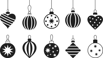 Ten Black Silhouette Christmas Ornaments on White Background christmas decoration holiday ornament