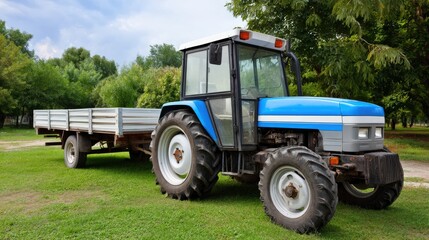 Obraz premium Blue tractor with trailer working in the field on a sunny day amidst a harvest-ready grain crop and vibrant green surroundings