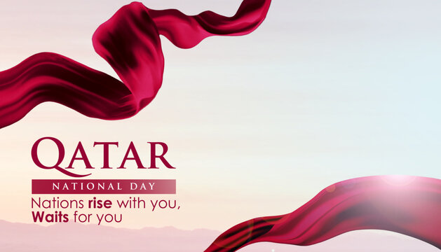 Qatar national day 2025 celebration theme banner with maroon waving flag and beautiful sunrise background. Elegant minimalist background. Best for Qatar promos, travel, tourism, greeting, template.