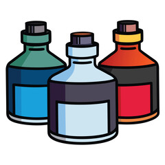 Three ink bottles in muted colors with blank labels on a white background liquid container