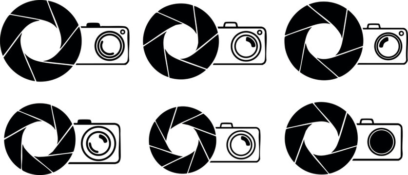 Camera shutter aperture icons set with various angles for photography and design vector illustration