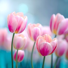Fototapeta premium Background of pink tulips on a blue background. 