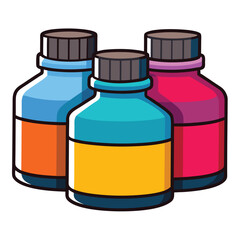 Three vibrant ink bottles with blank labels on a white background liquid container
