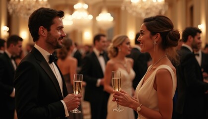 Man, woman in formal attire hold champagne glasses at elegant black tie event. Guests mingle in luxurious ballroom with chandeliers overhead creating festive atmosphere for celebration. People enjoy