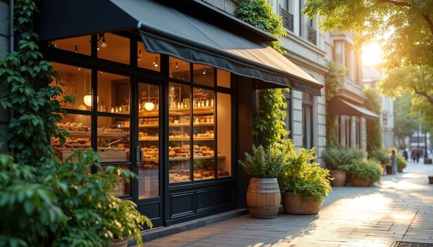 Bakery storefront with abundant baked goods displayed. Black awning provides shade over glass windows. Greenery and outdoor seating area visible. Sunny day.