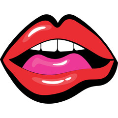 Open Red Lips with Pink Tongue Biting Lower Lip Showing White Teeth Dramatic Pop Art Style Illustration with Black Outline and Glossy Finish on Transparent Background