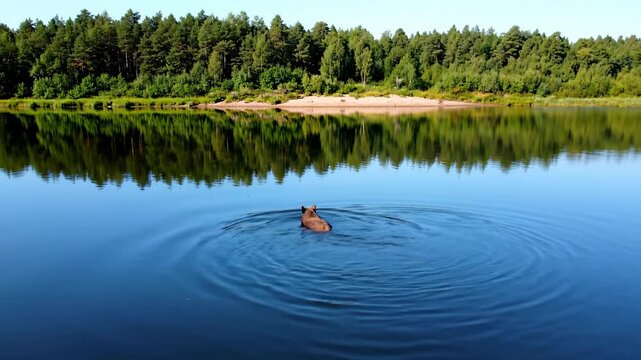 Wild Boar Swimming Across a Lake on a Sunny Day in Finland