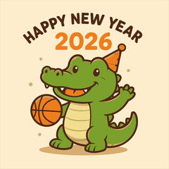 Happy New Year 2026 flat vector logo of a smiling alligator holding a basketball and wearing a party hat, perfect for festive designs