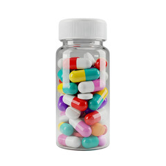 A Clear Bottle Filled with Colorful Capsules and Pills on a transparent Background