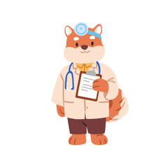 Cute animal doctor character. ENT medic, otolaryngologist with head mirror and clipboard. Healthcare, health specialist, hospital professional. Flat vector illustration isolated on white background