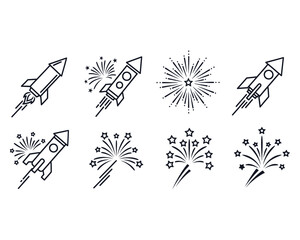 Festive rocket launch icons set