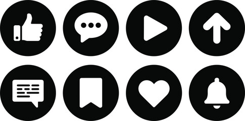 Set of Social Media Engagement Icons: Like, Comment, Play, Share, Save, Heart, and Notification Bell, for Web and Digital Marketing